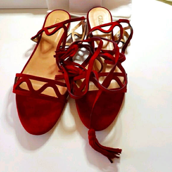 Brand New Chloe Red Suede Lace-up Sandals - Picture 2 of 7
